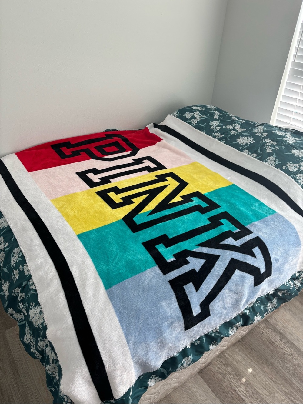 PINK Victoria's Secret Bold Multicolor Stripe Logo throw blanket rainbow